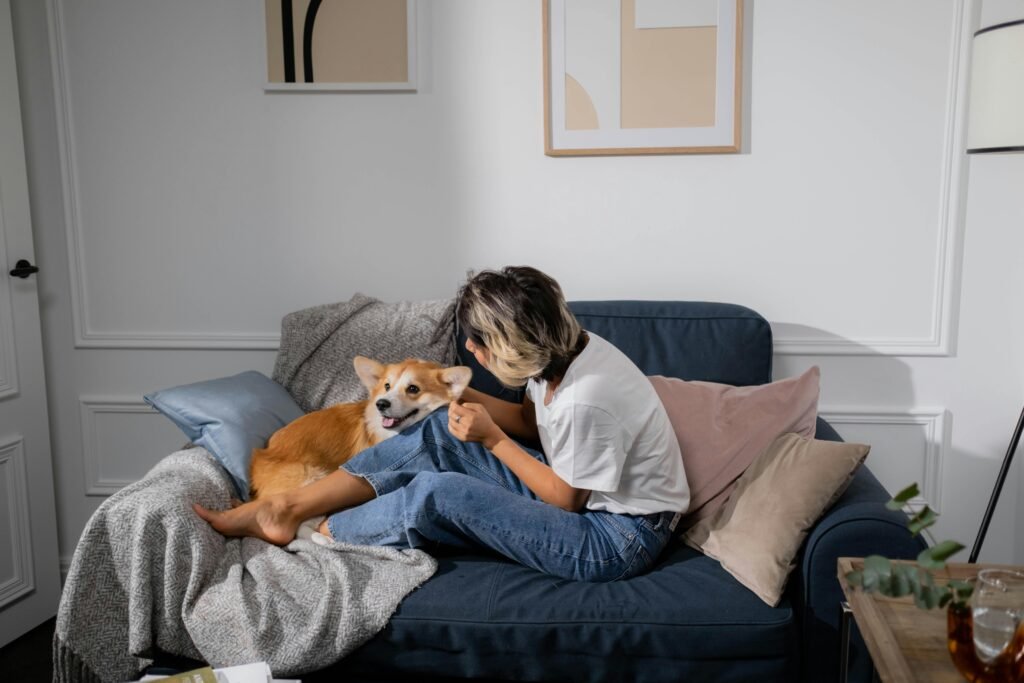 Hund sitzt mit Frauchen auf der Couch