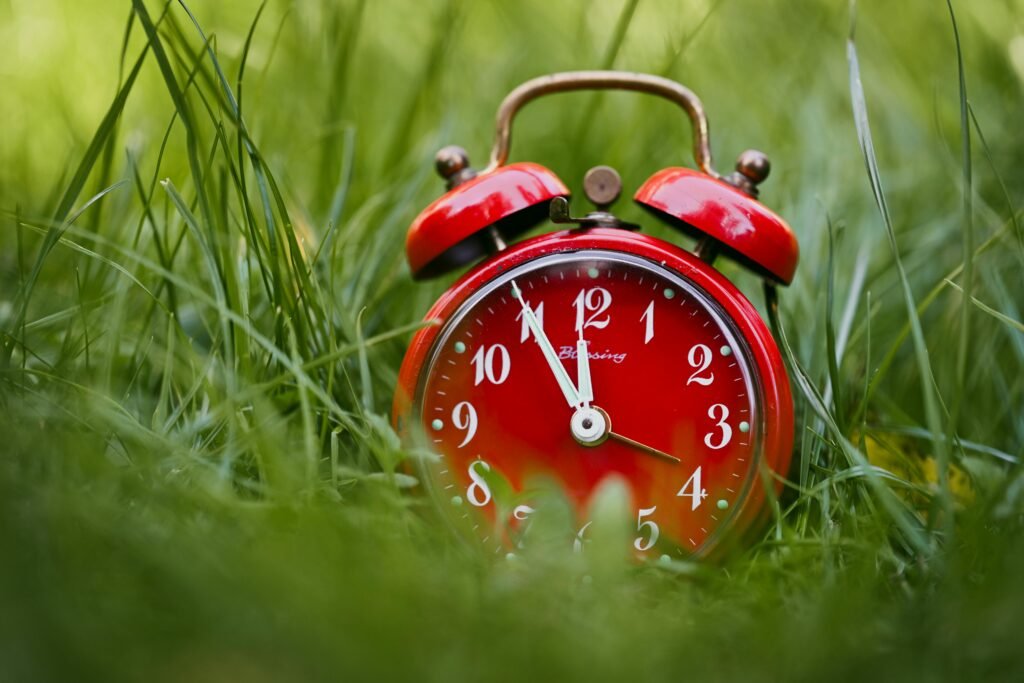 Zeitumstellung Symbolbild Uhr im Rasen